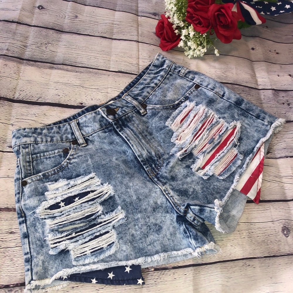 Refuge | Distressed Patriotic Denim Shorts